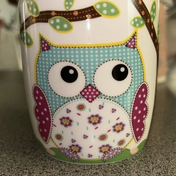 Burton & Burton Owl Mug Cup Calico Patchwork Turquoise 12 Oz. 2014 Whimsical - Picture 4 of 6
